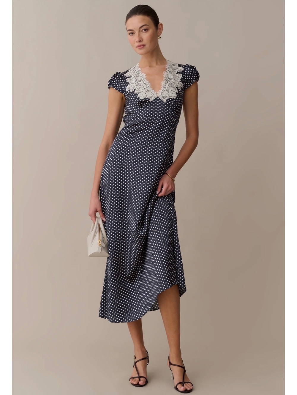 NWT o.p.t by Few Moda Kasey Silk Midi Dress Size 4 Midnight Polka Dot